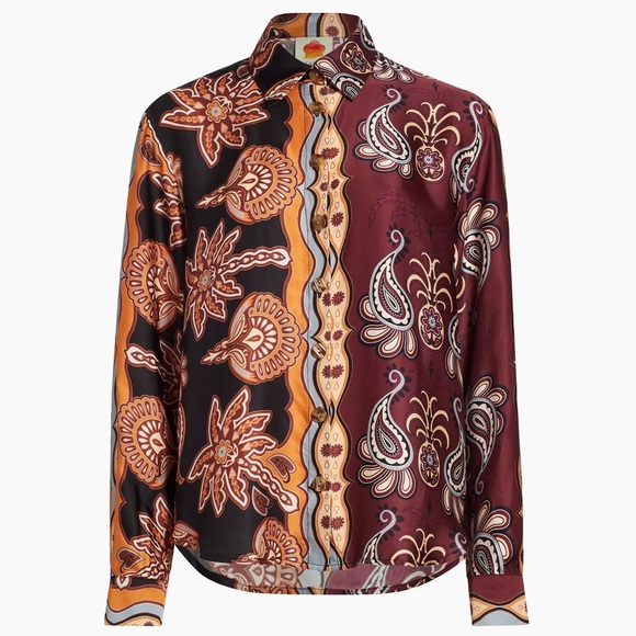 button-up shirt in a satin finish relaxed fit colorblock-inspired mixed print. - Picture 1 of 11